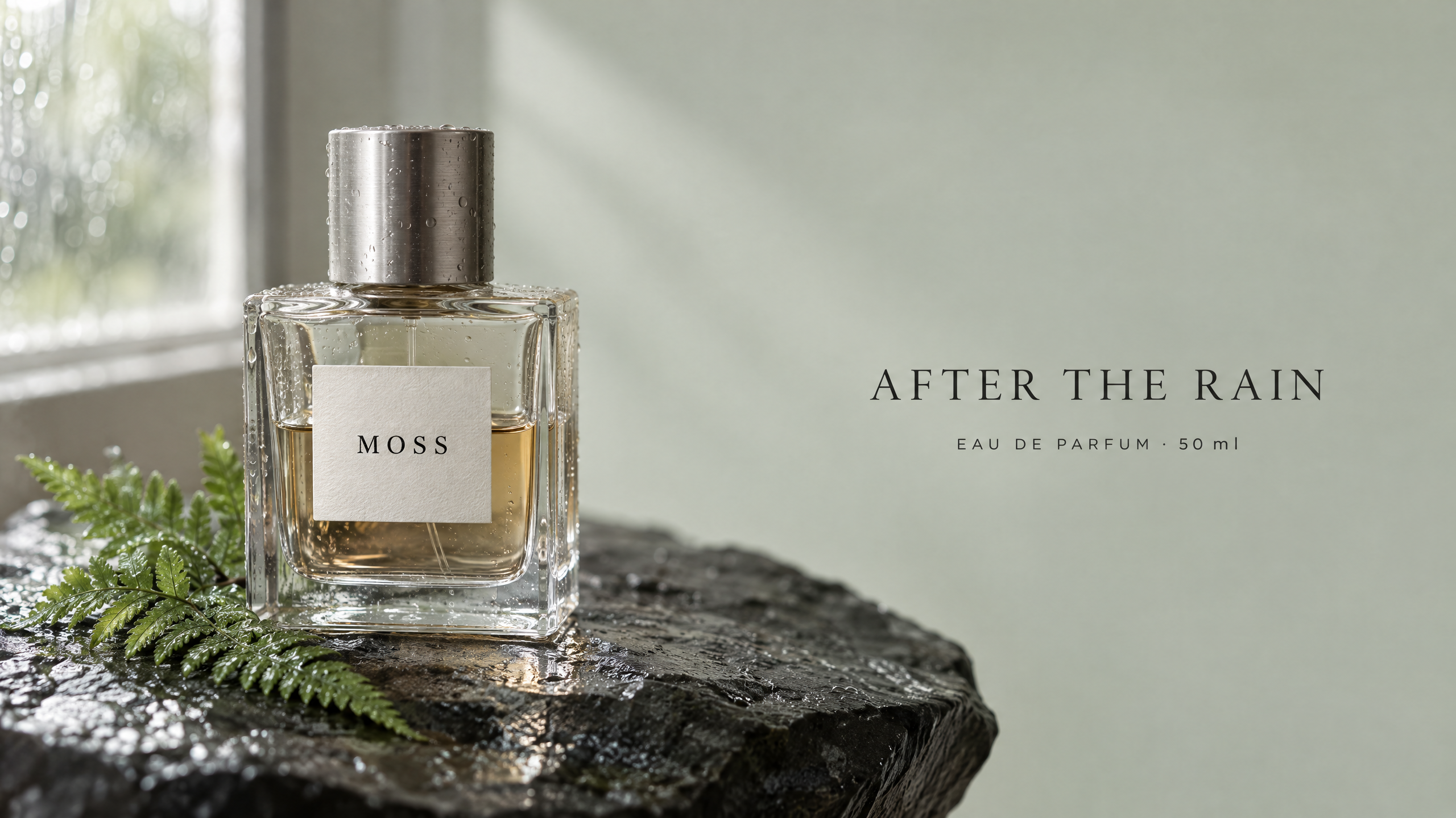 Primer cartel del perfume MOSS generado por GPT Image 2.5 Sunburst: frasco de vidrio a la izquierda y título en inglés a la derecha