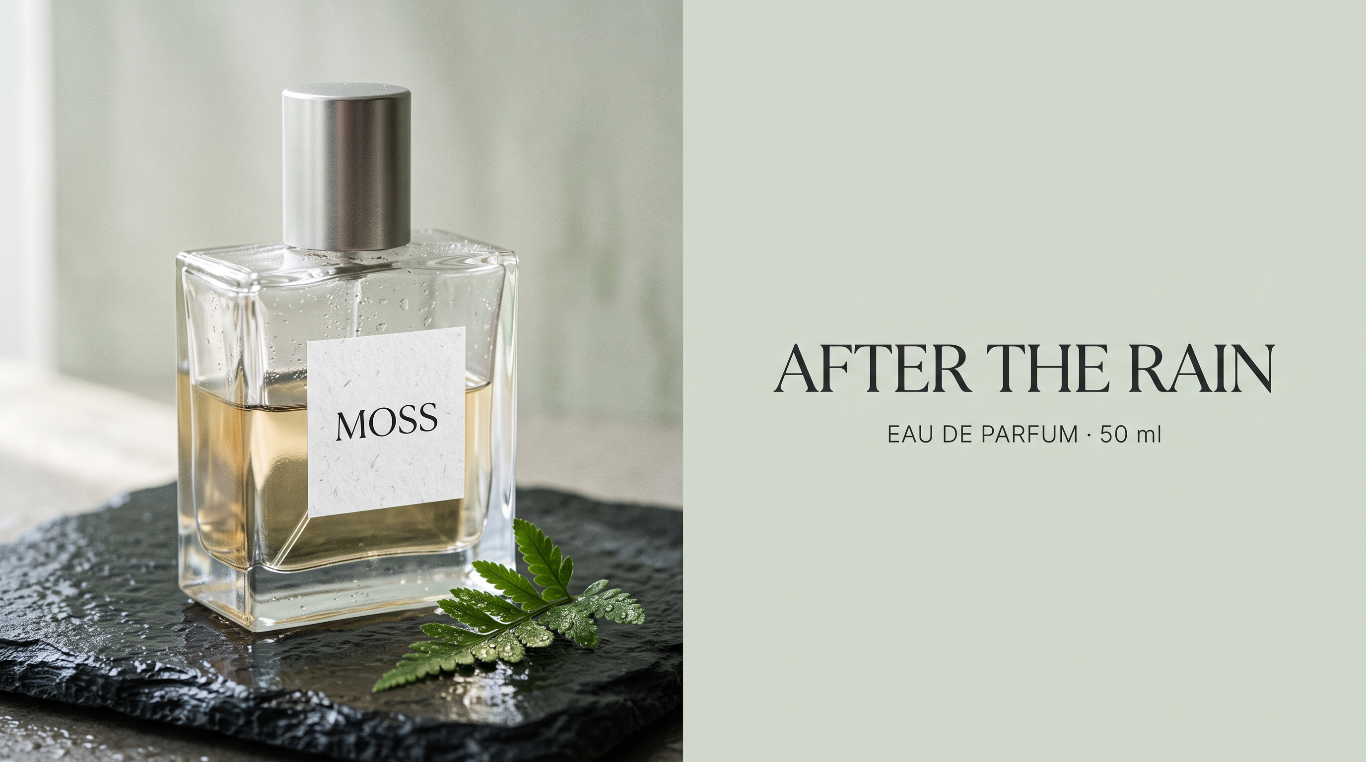 Primer cartel del perfume MOSS generado con Nano Banana 2.1: frasco de vidrio a la izquierda y título en inglés a la derecha