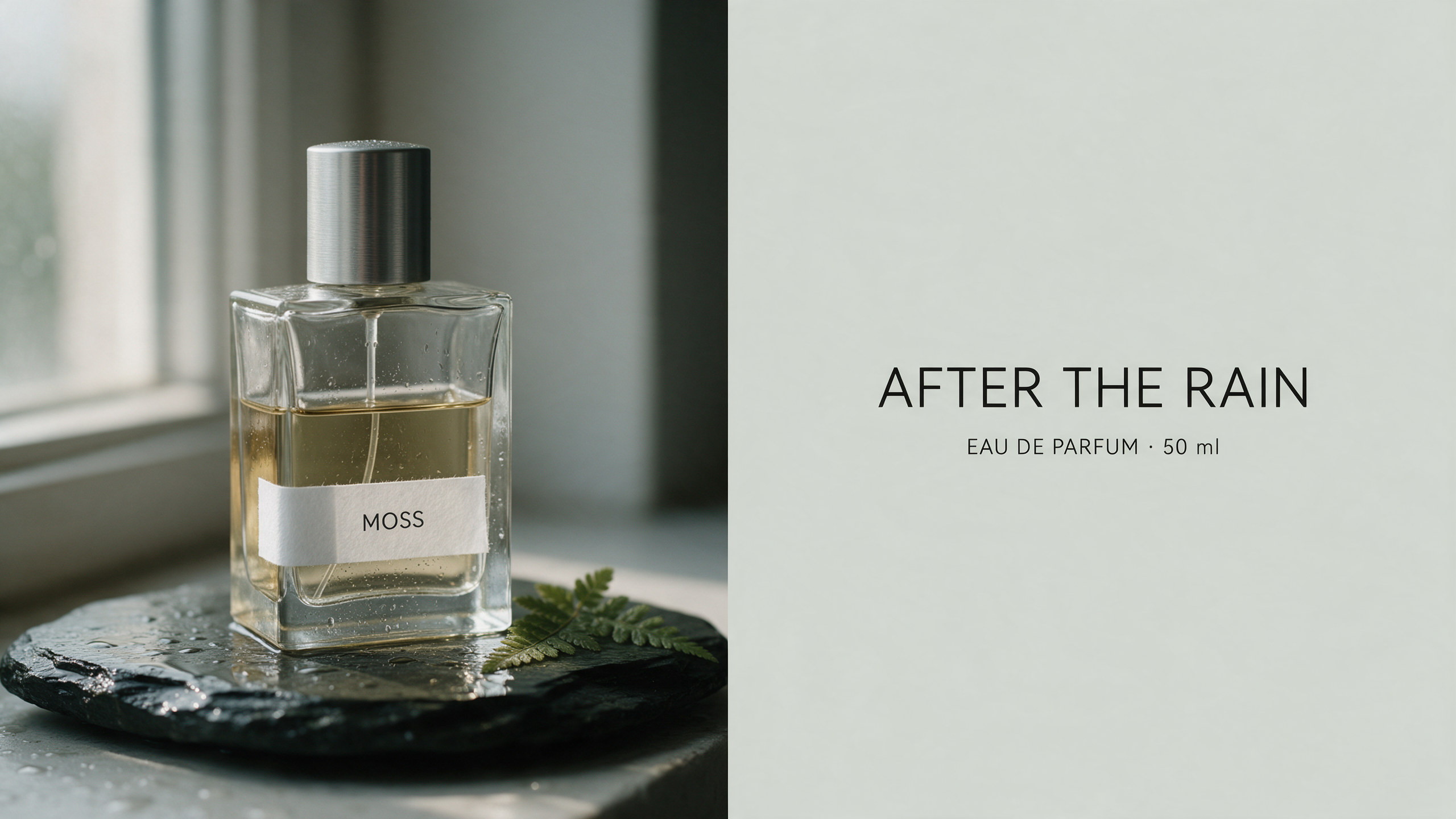 Primer cartel del perfume MOSS generado con Seedream 5.0 Pro: frasco de vidrio a la izquierda y título en inglés a la derecha