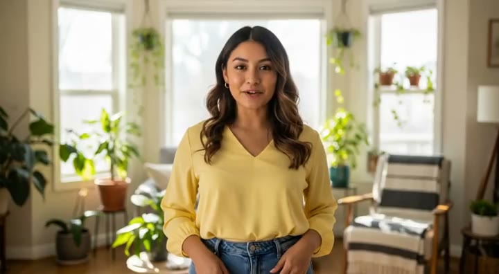 Presentadora en una habitación luminosa